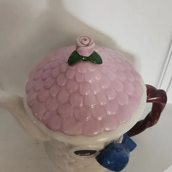 Teleflora Birdhouse Teapot Blue Bird Pink Lid & Flower Collectible Teapot - Picture 3 of 6